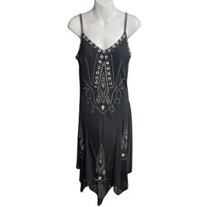 Y2K R&M Richards Black Beaded Handkerchief Hem Sleeveless Dress Sz 12 Goth Fairy
